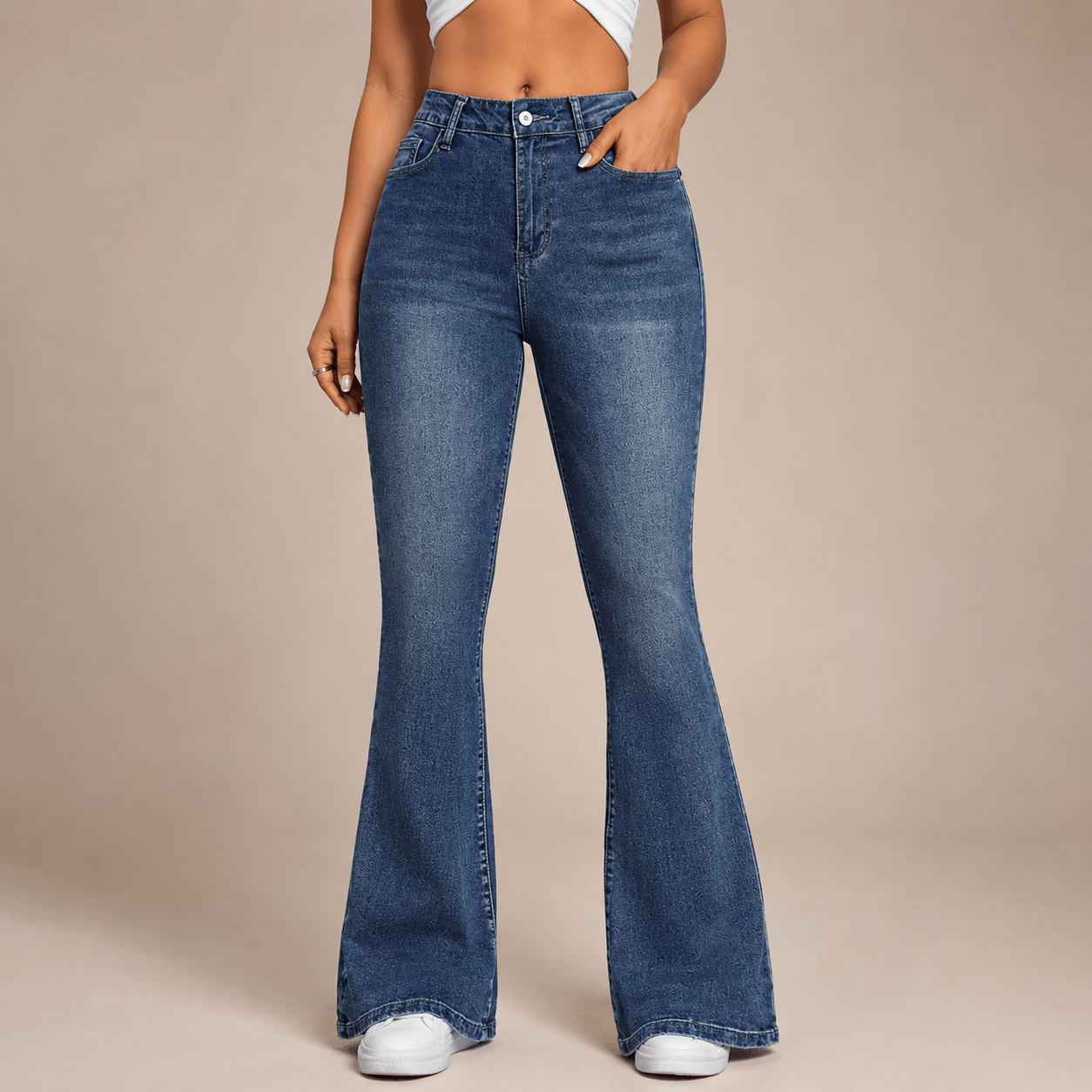 Women’s Blue High Waisted Flared Jeans Stretch Full Length Denim Trousers