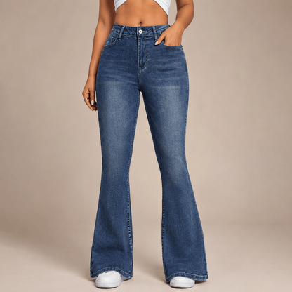 Women’s Blue High Waisted Flared Jeans Stretch Full Length Denim Trousers