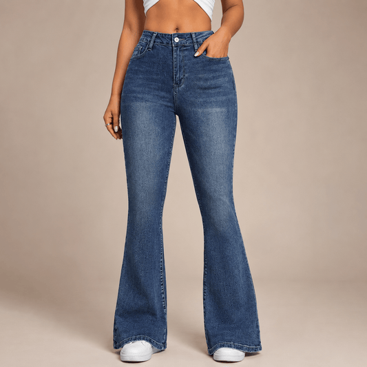 Women’s Blue High Waisted Flared Jeans Stretch Full Length Denim Trousers