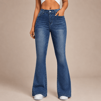 Women’s Blue High Waisted Flared Jeans Stretch Full Length Denim Trousers