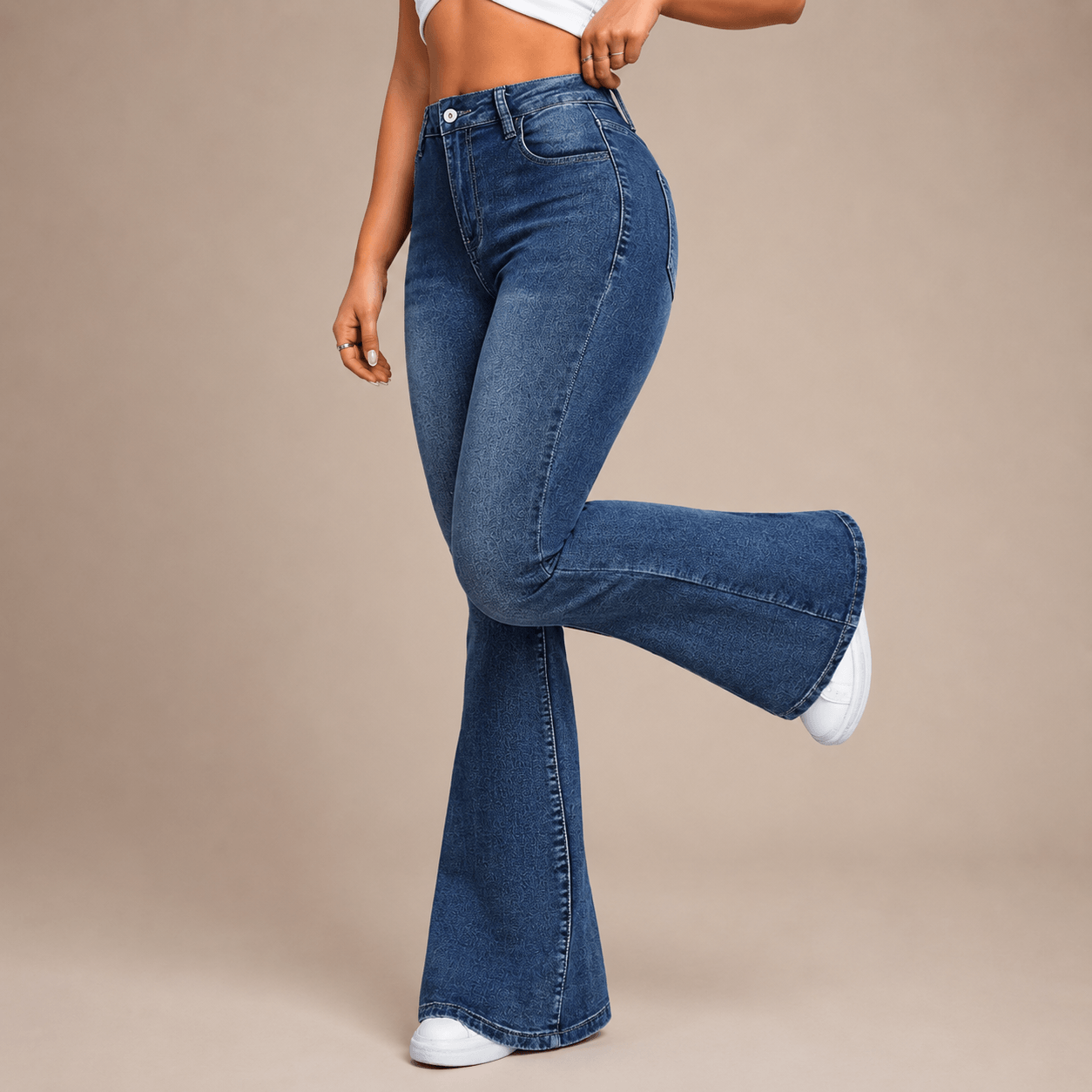 Women’s Blue High Waisted Flared Jeans Stretch Full Length Denim Trousers