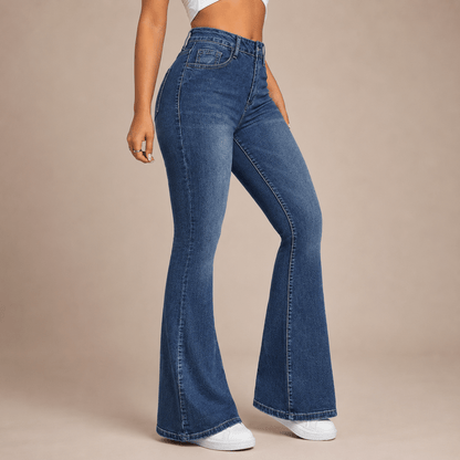 Women’s Blue High Waisted Flared Jeans Stretch Full Length Denim Trousers