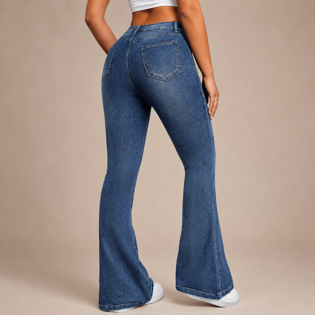 Women’s Blue High Waisted Flared Jeans Stretch Full Length Denim Trousers