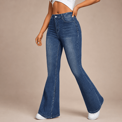 Women’s Blue High Waisted Flared Jeans Stretch Full Length Denim Trousers