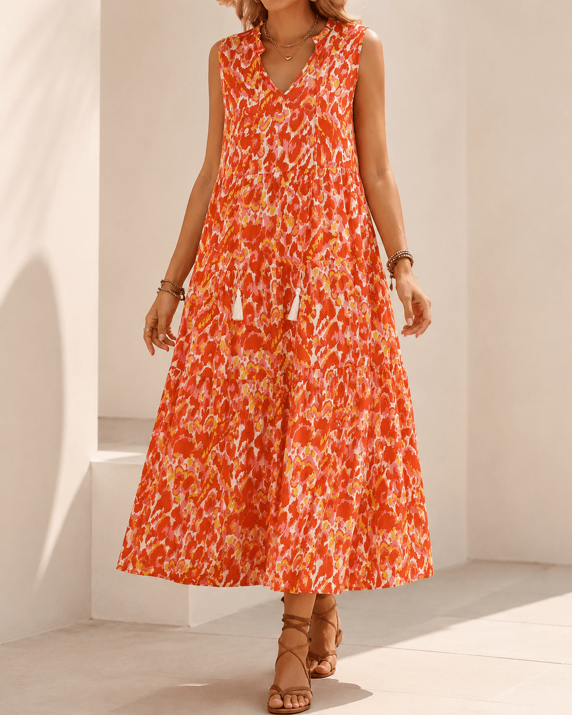 Women’s Floral Midi Dress Sleeveless V Neck Summer Dress
