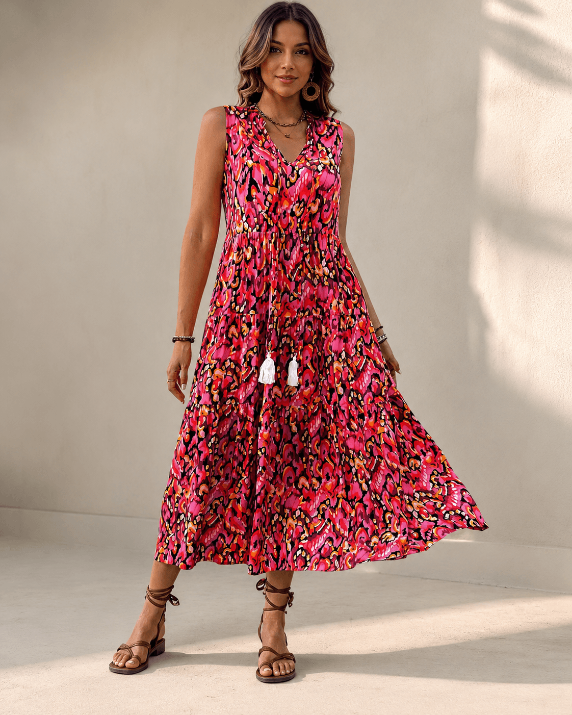 Women’s Floral Midi Dress Sleeveless V Neck Summer Dress