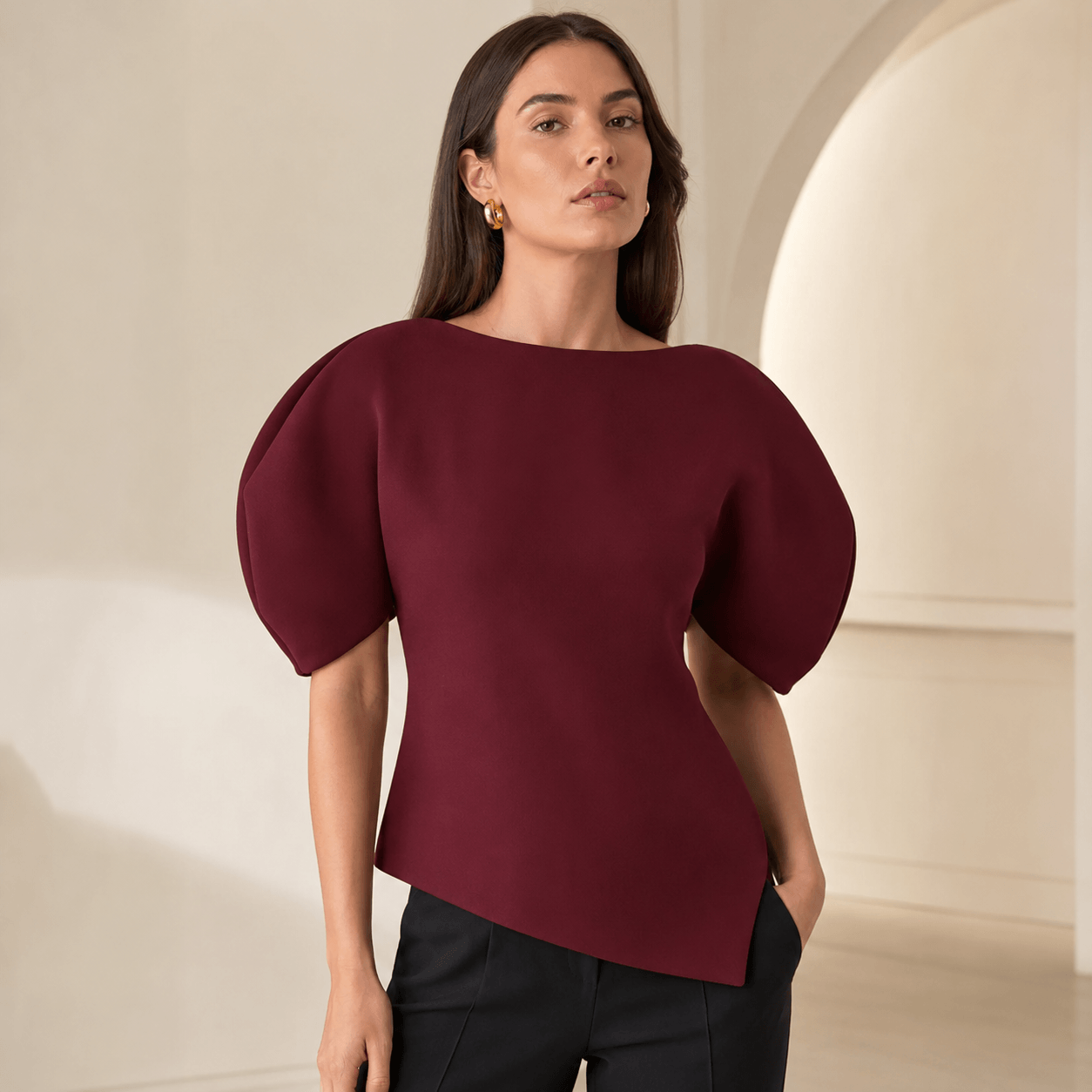 Women’s Asymmetric Puff Sleeve Top O Neck Short Sleeve Blouse
