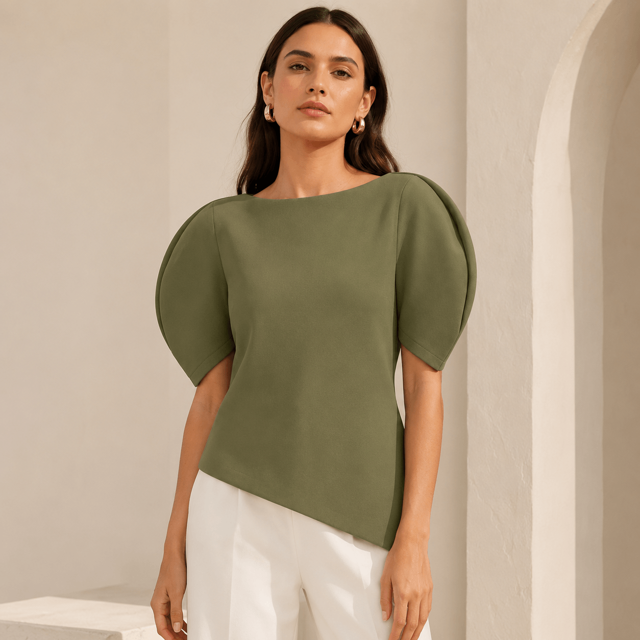Women’s Asymmetric Puff Sleeve Top O Neck Short Sleeve Blouse