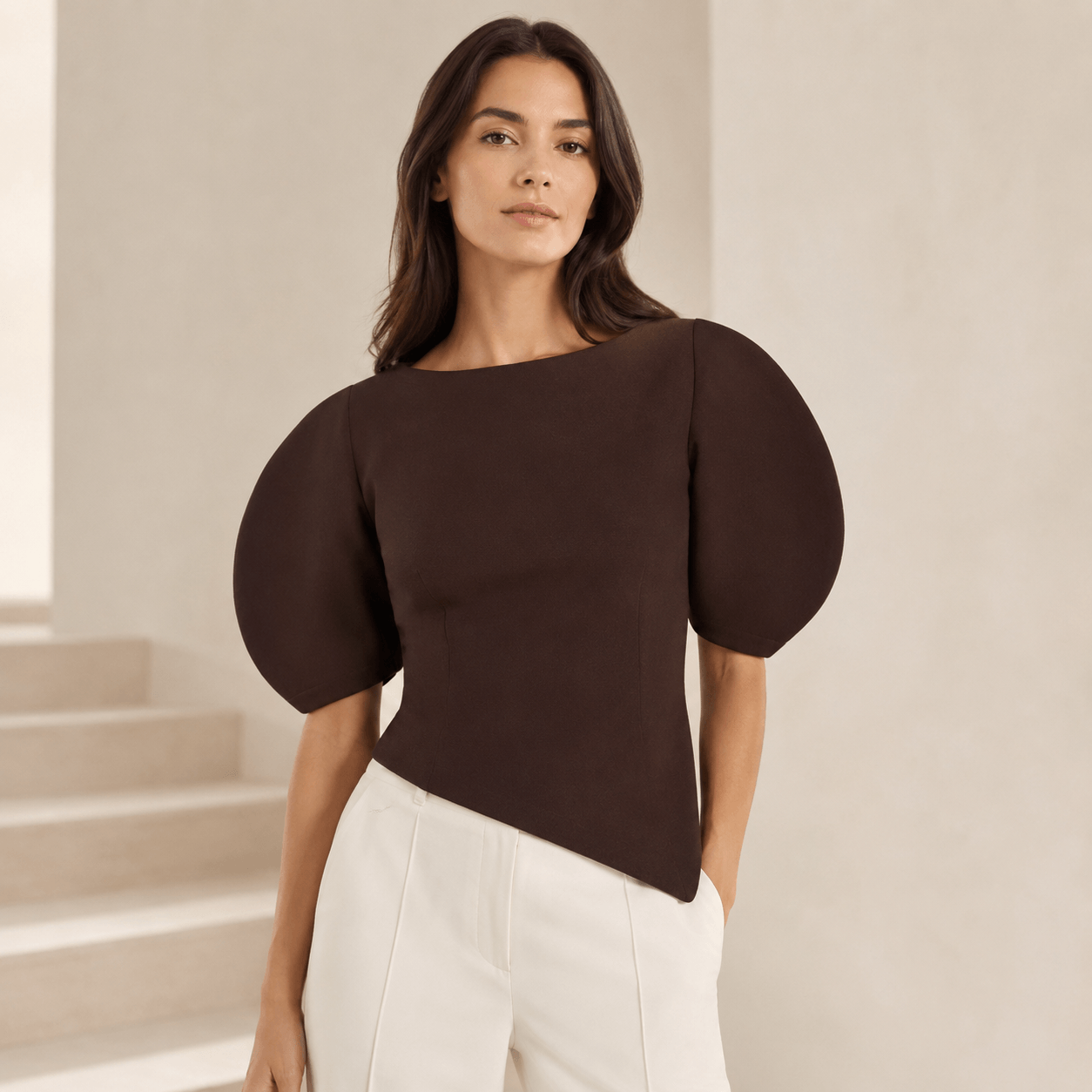 Women’s Asymmetric Puff Sleeve Top O Neck Short Sleeve Blouse