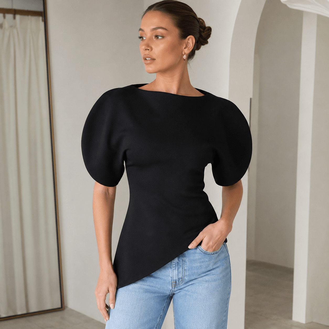 Women’s Asymmetric Puff Sleeve Top O Neck Short Sleeve Blouse