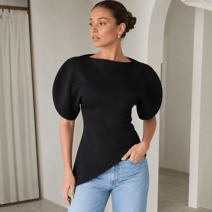 Women’s Asymmetric Puff Sleeve Top O Neck Short Sleeve Blouse