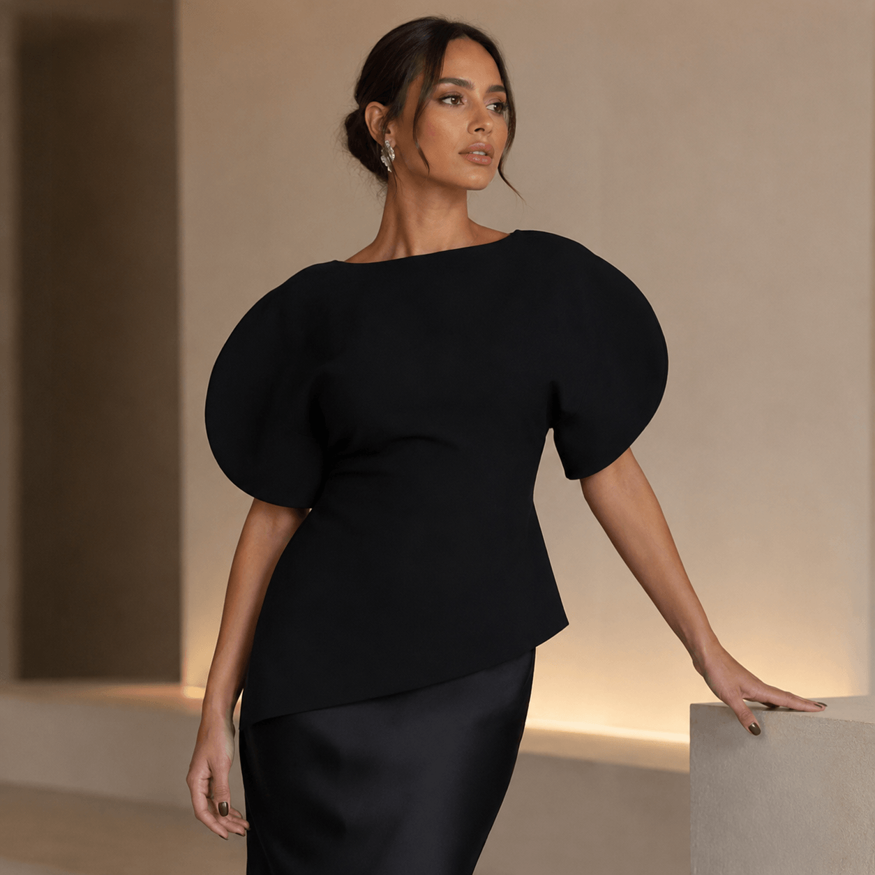 Women’s Asymmetric Puff Sleeve Top O Neck Short Sleeve Blouse