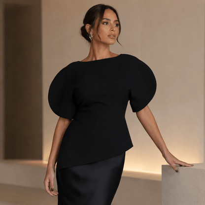Women’s Asymmetric Puff Sleeve Top O Neck Short Sleeve Blouse