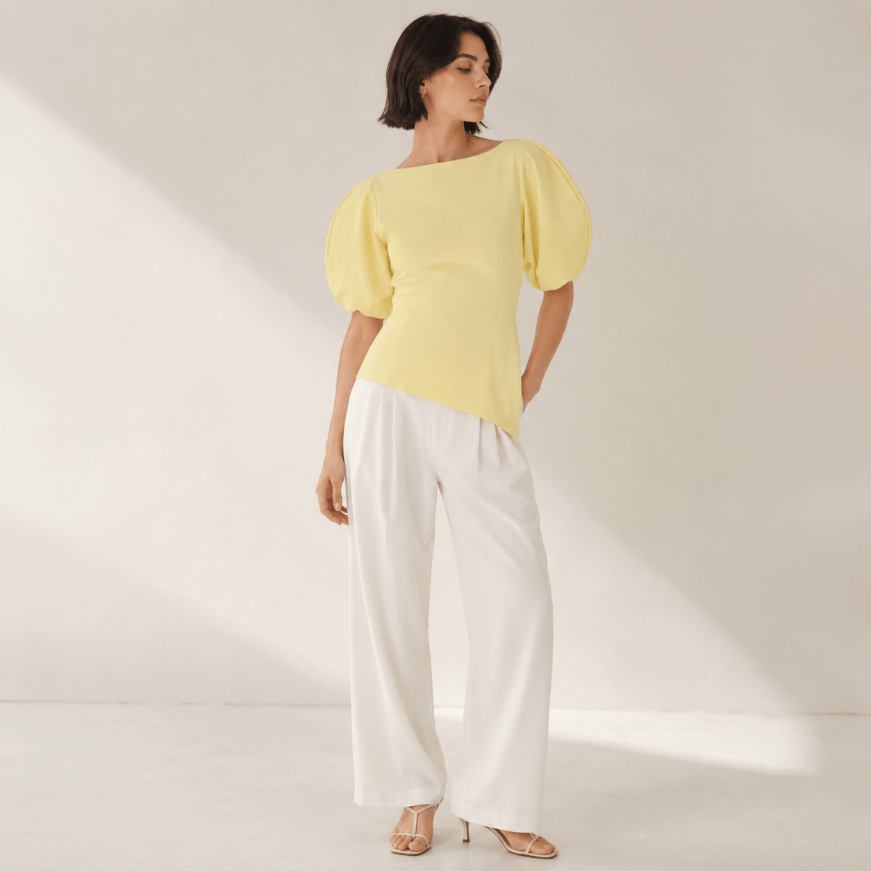 Women’s Asymmetric Puff Sleeve Top O Neck Short Sleeve Blouse