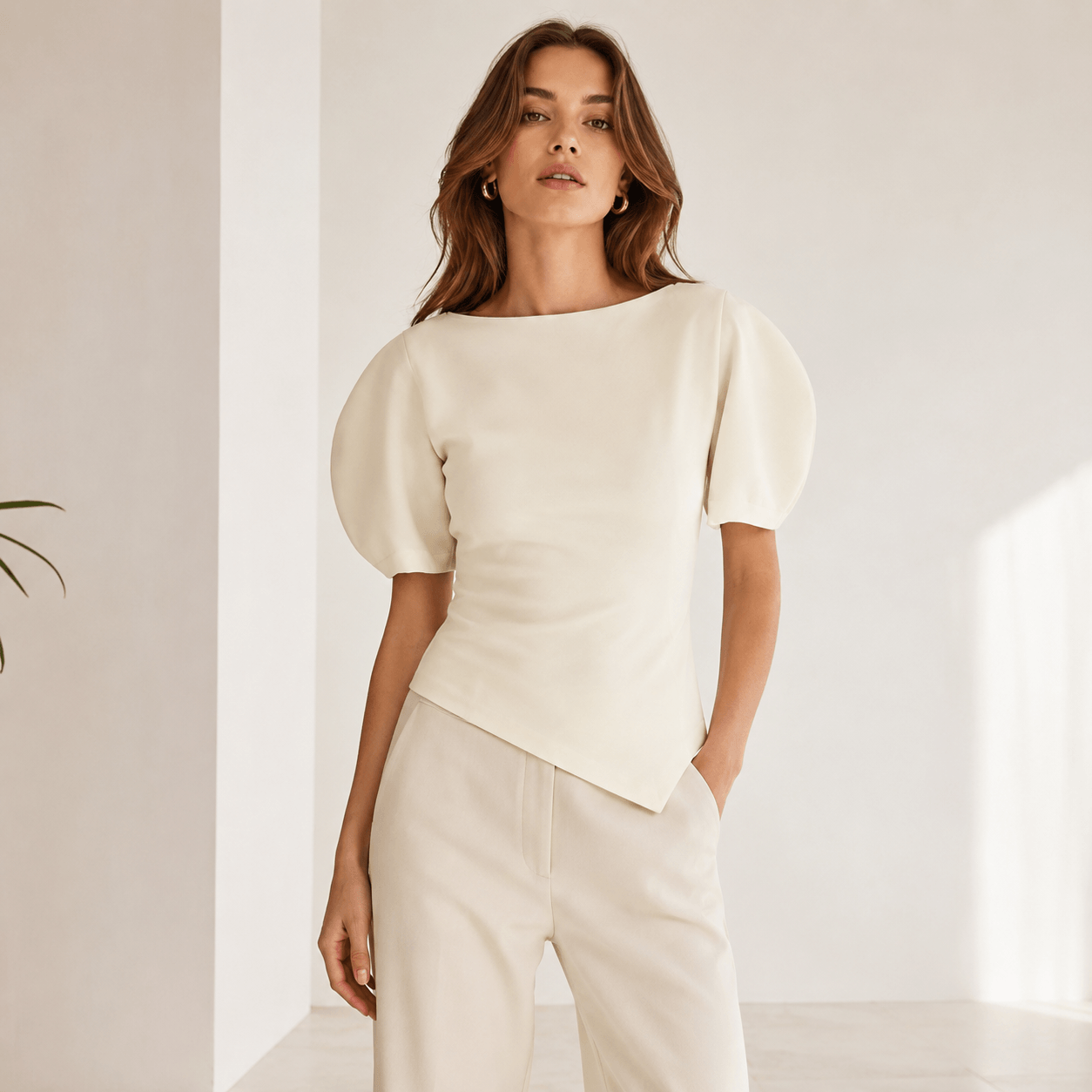 Women’s Asymmetric Puff Sleeve Top O Neck Short Sleeve Blouse