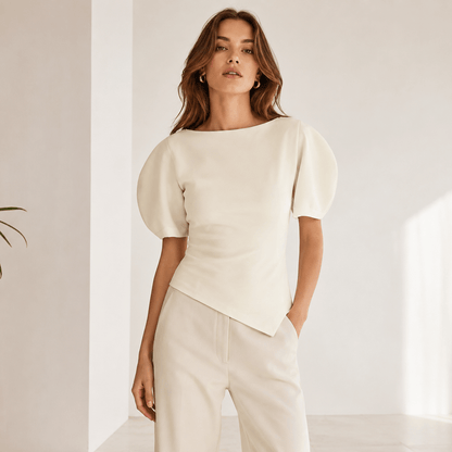 Women’s Asymmetric Puff Sleeve Top O Neck Short Sleeve Blouse