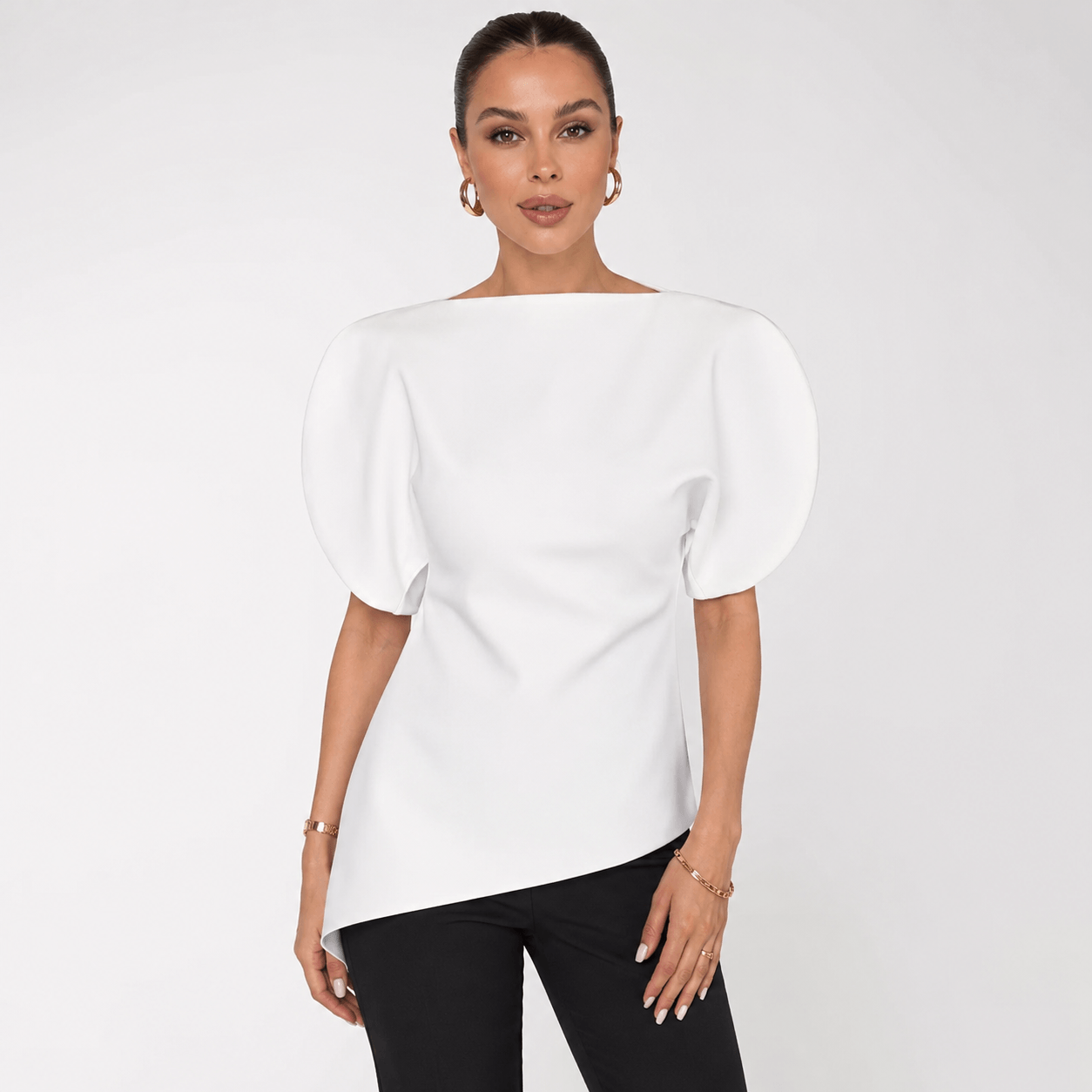 Women’s Asymmetric Puff Sleeve Top O Neck Short Sleeve Blouse