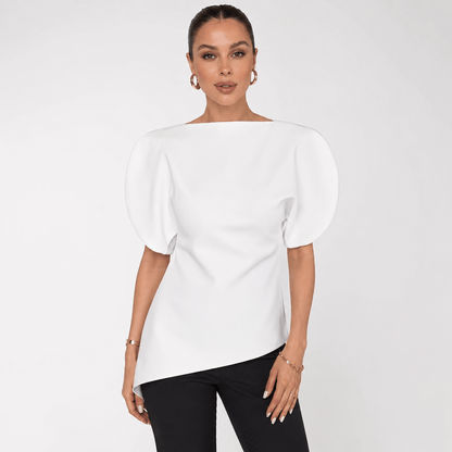 Women’s Asymmetric Puff Sleeve Top O Neck Short Sleeve Blouse