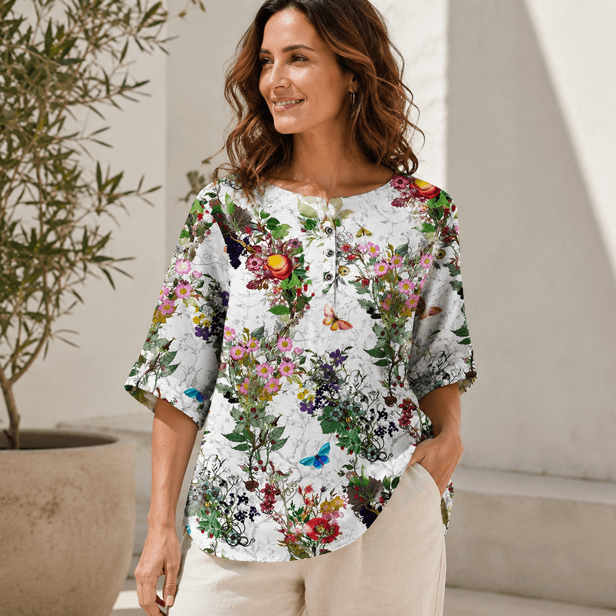 Women’s Printed Relaxed Fit Blouse Round Neck Floral Casual Top