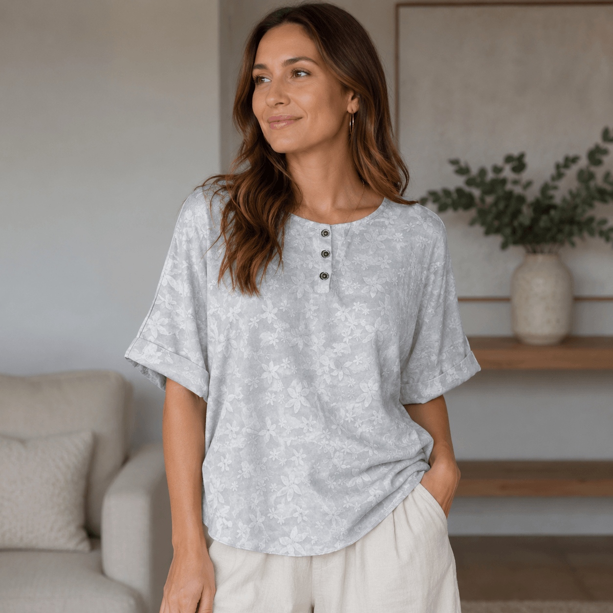 Women’s Printed Relaxed Fit Blouse Round Neck Floral Casual Top