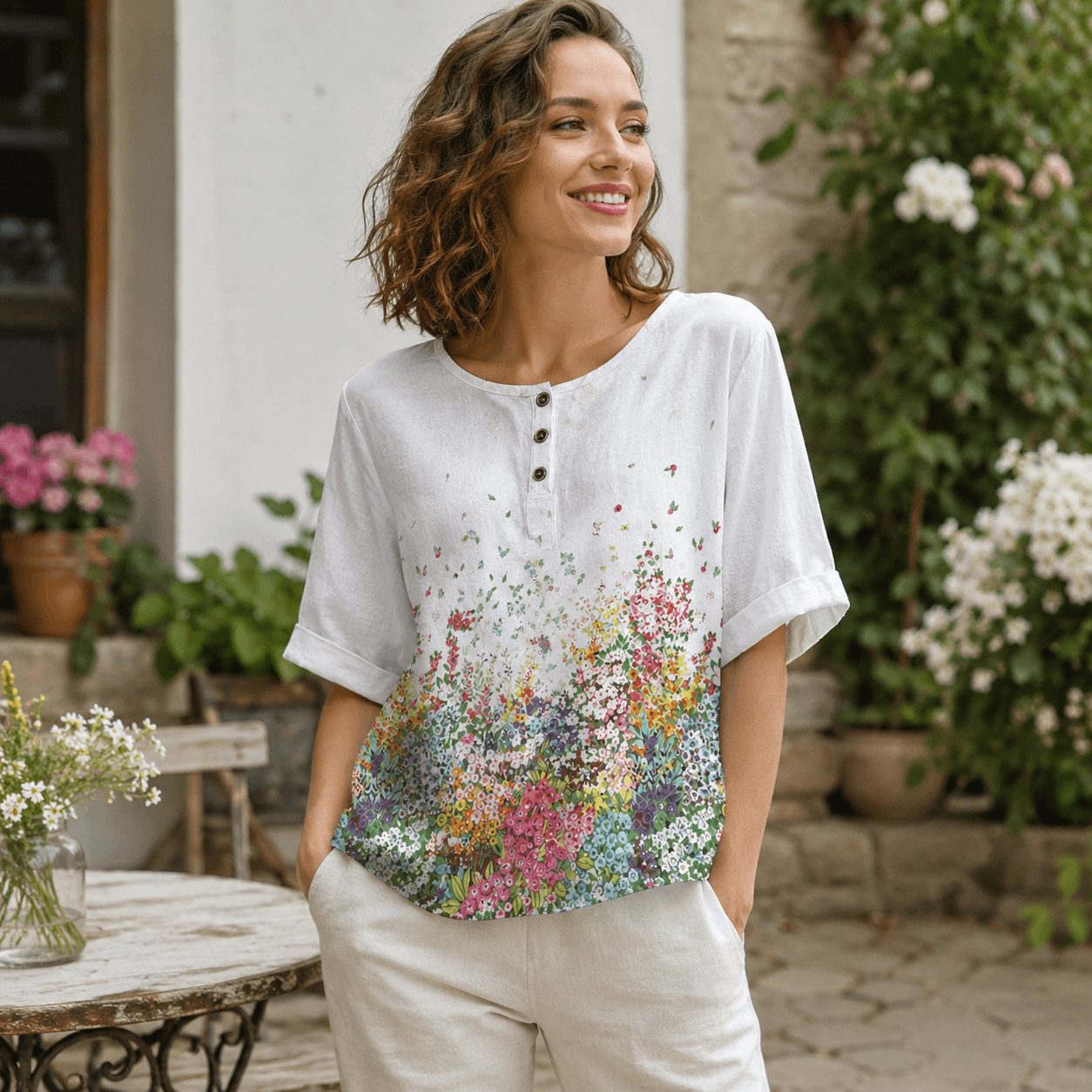 Women’s Printed Relaxed Fit Blouse Round Neck Floral Casual Top