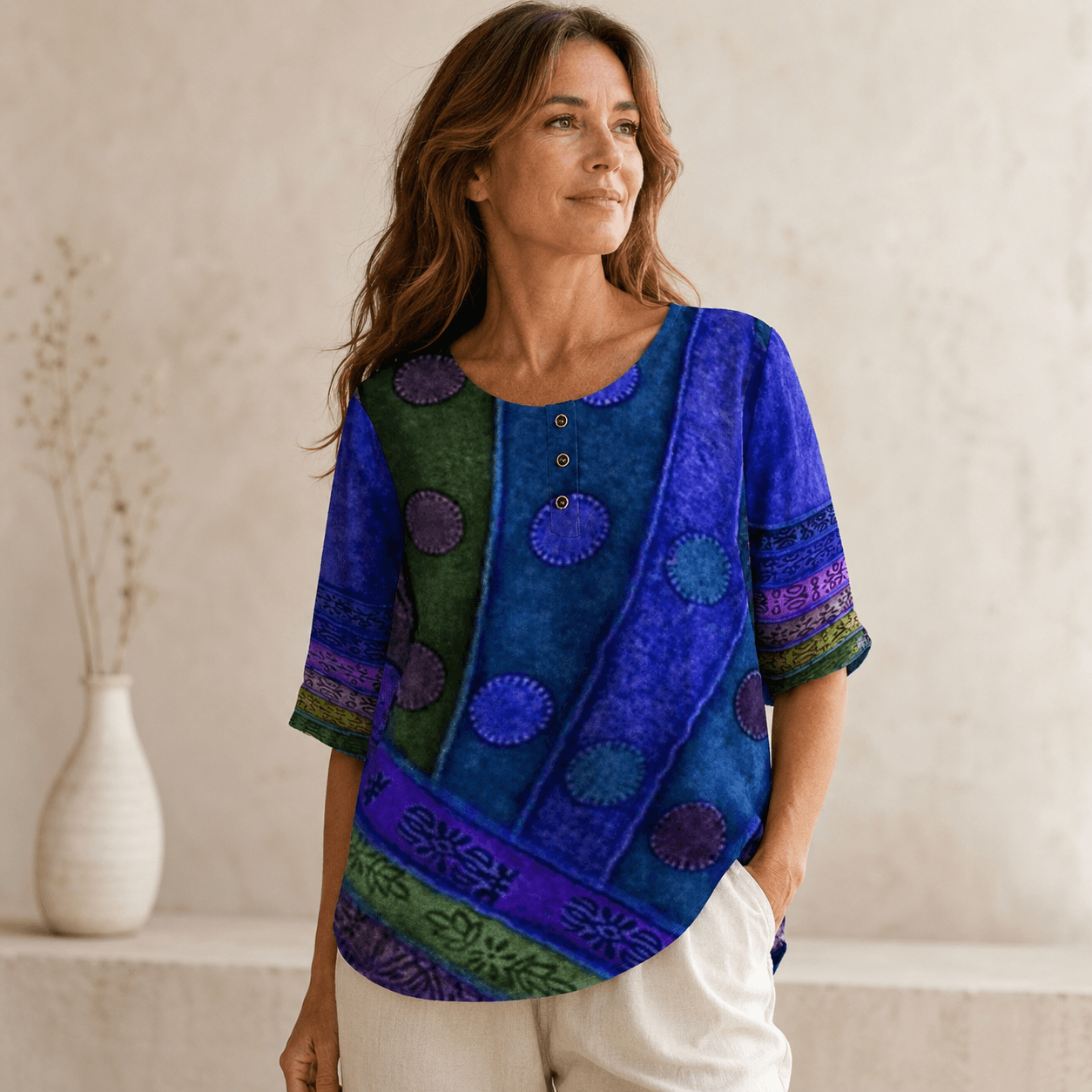 Women’s Printed Relaxed Fit Blouse Round Neck Floral Casual Top