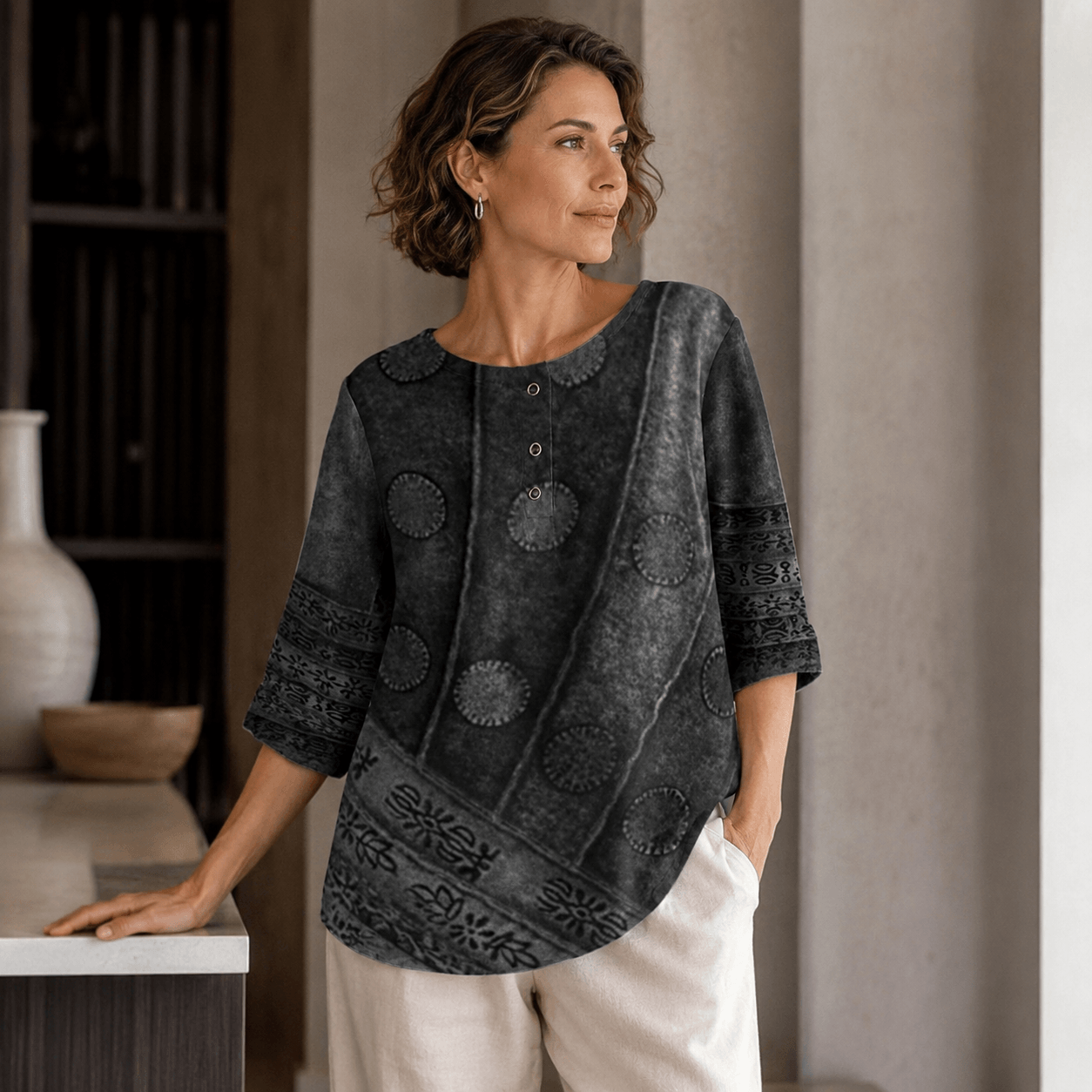 Women’s Printed Relaxed Fit Blouse Round Neck Floral Casual Top