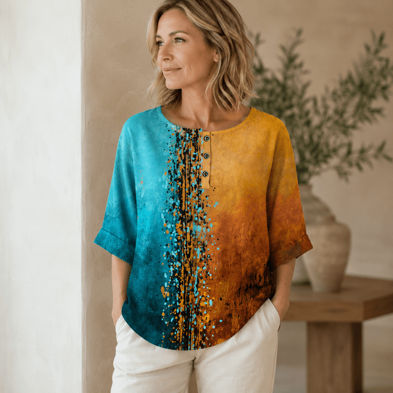 Women’s Printed Relaxed Fit Blouse Round Neck Floral Casual Top
