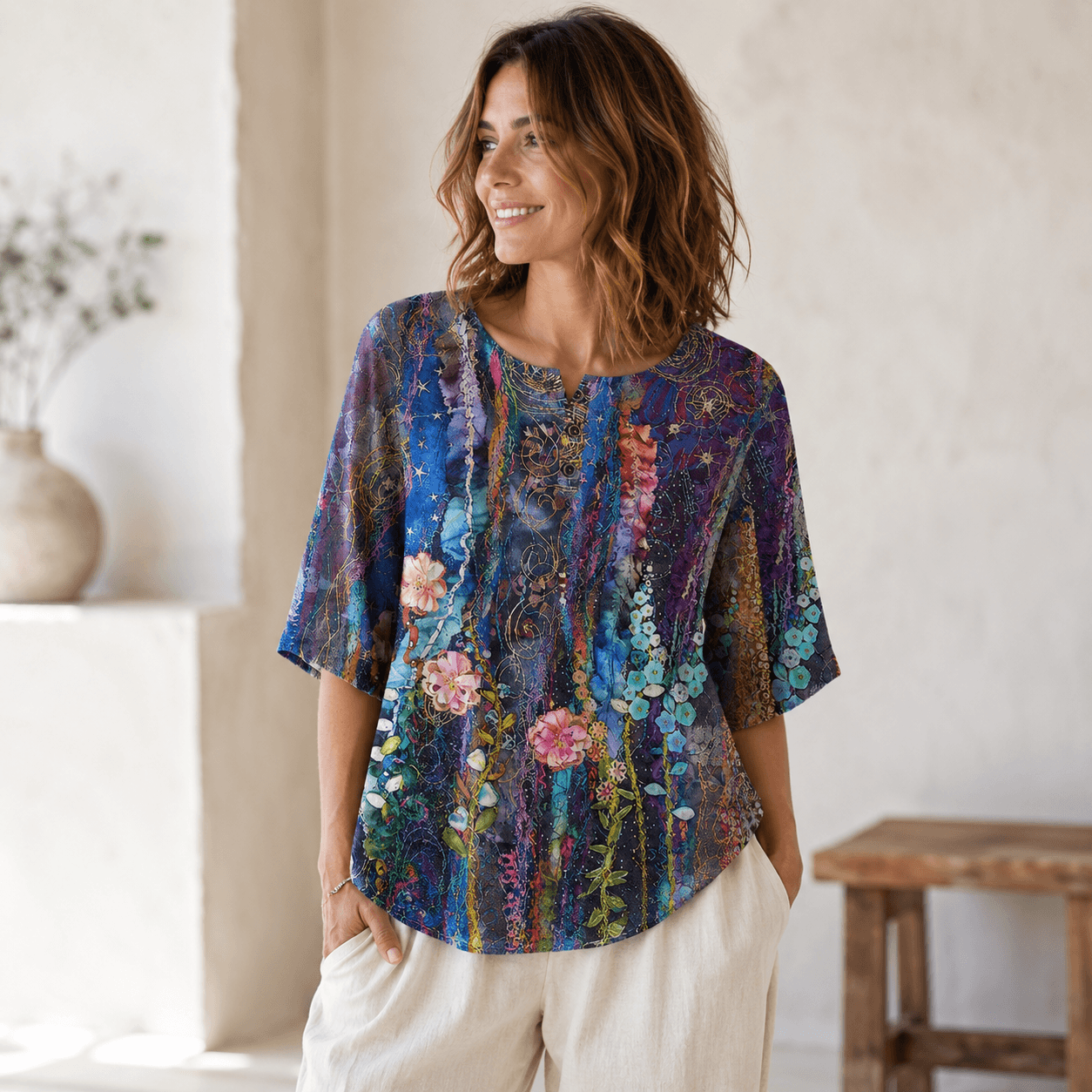 Women’s Printed Relaxed Fit Blouse Round Neck Floral Casual Top