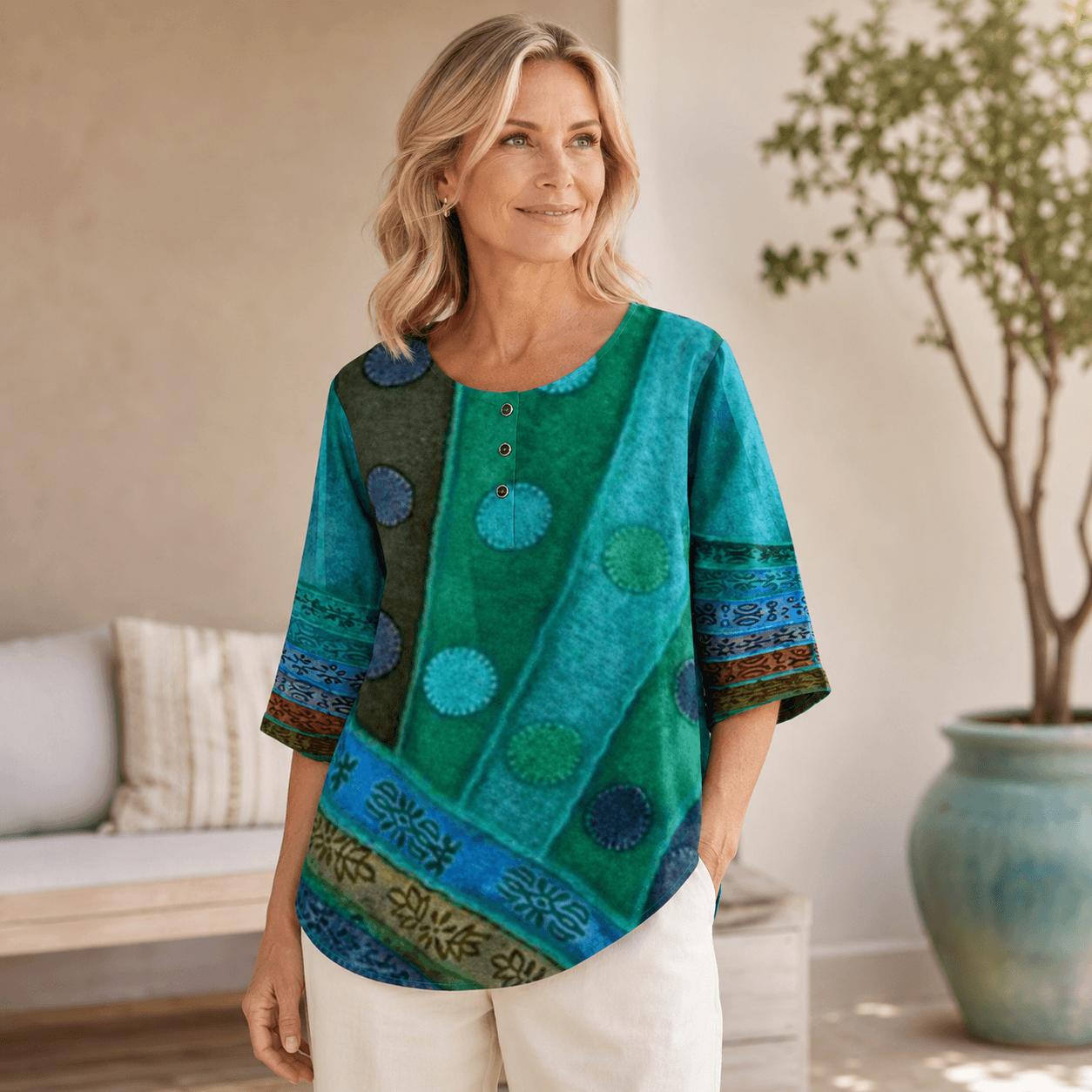 Women’s Printed Relaxed Fit Blouse Round Neck Floral Casual Top