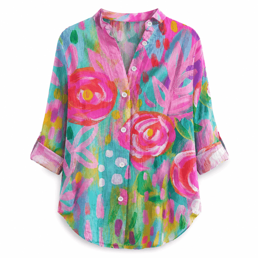 Women’s Printed Button Front Blouse Long Sleeve Relaxed Fit Shirt