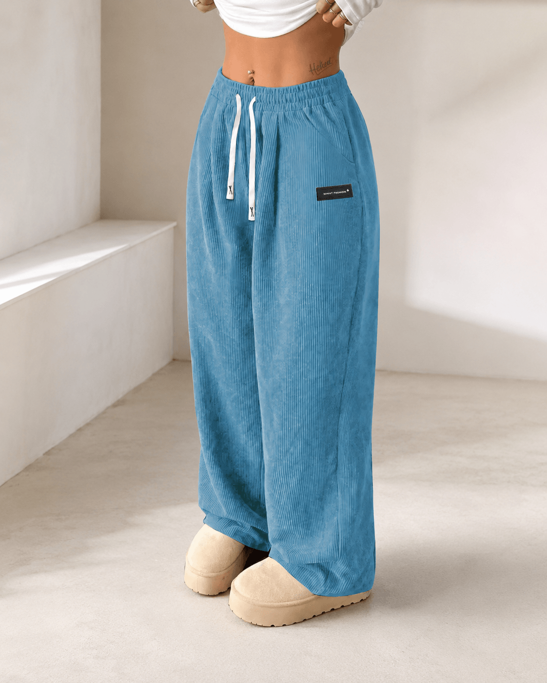 Women’s High Waisted Corduroy Wide Leg Trousers with Drawstring