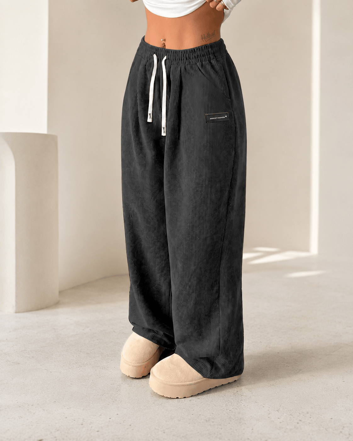 Women’s High Waisted Corduroy Wide Leg Trousers with Drawstring