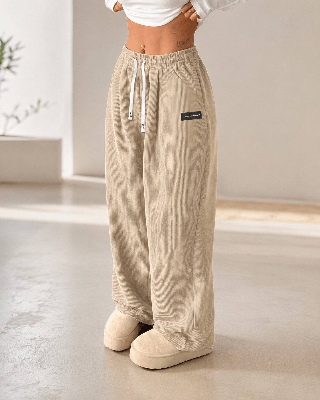 Women’s High Waisted Corduroy Wide Leg Trousers with Drawstring
