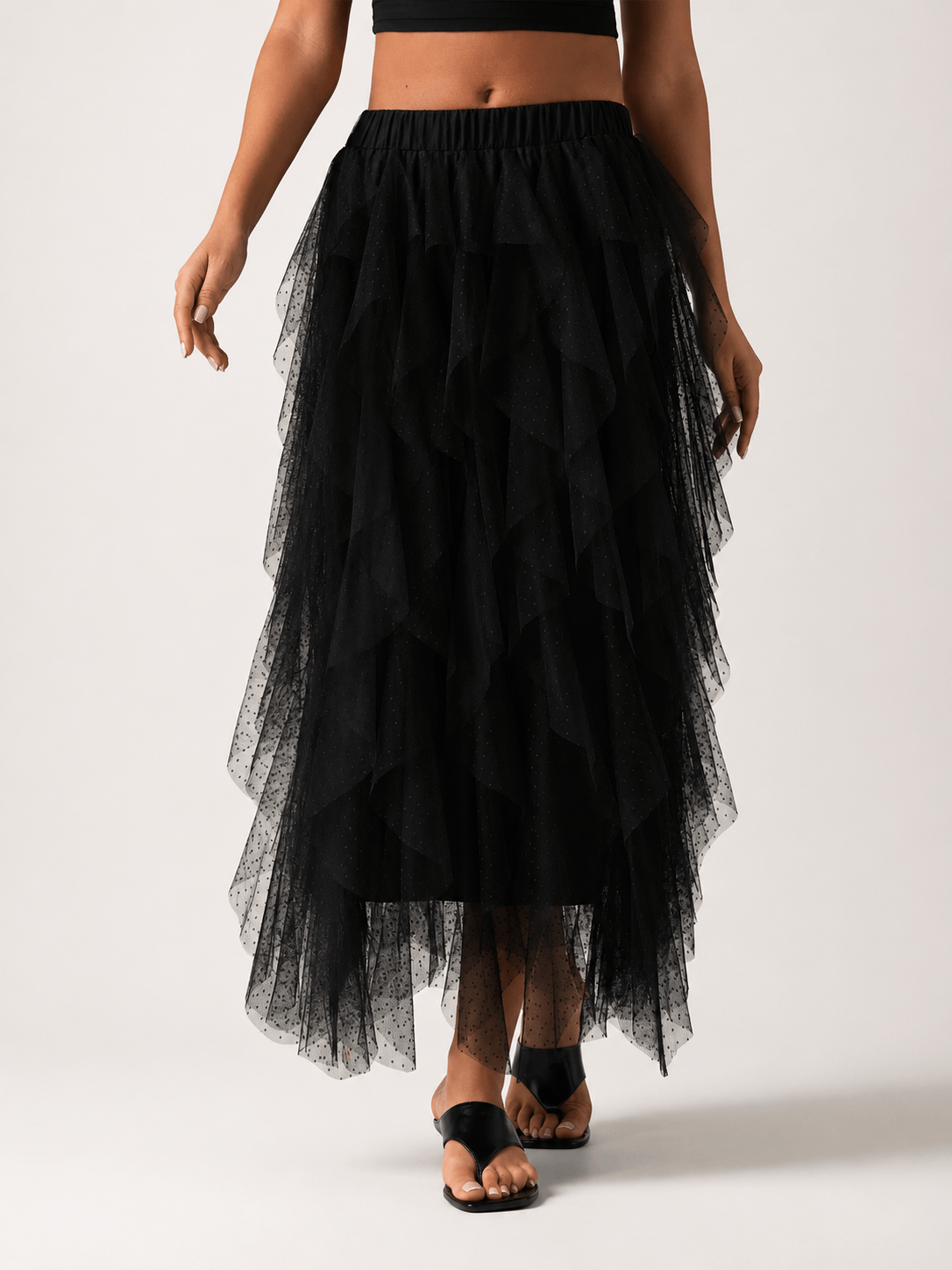Women’s Asymmetric Tiered Mesh Maxi Skirt Elastic Waist Tulle Skirt