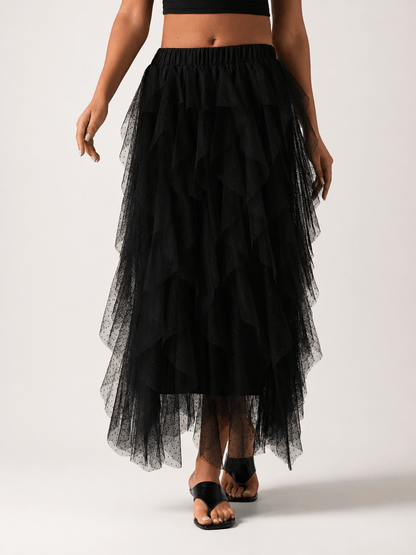 Women’s Asymmetric Tiered Mesh Maxi Skirt Elastic Waist Tulle Skirt