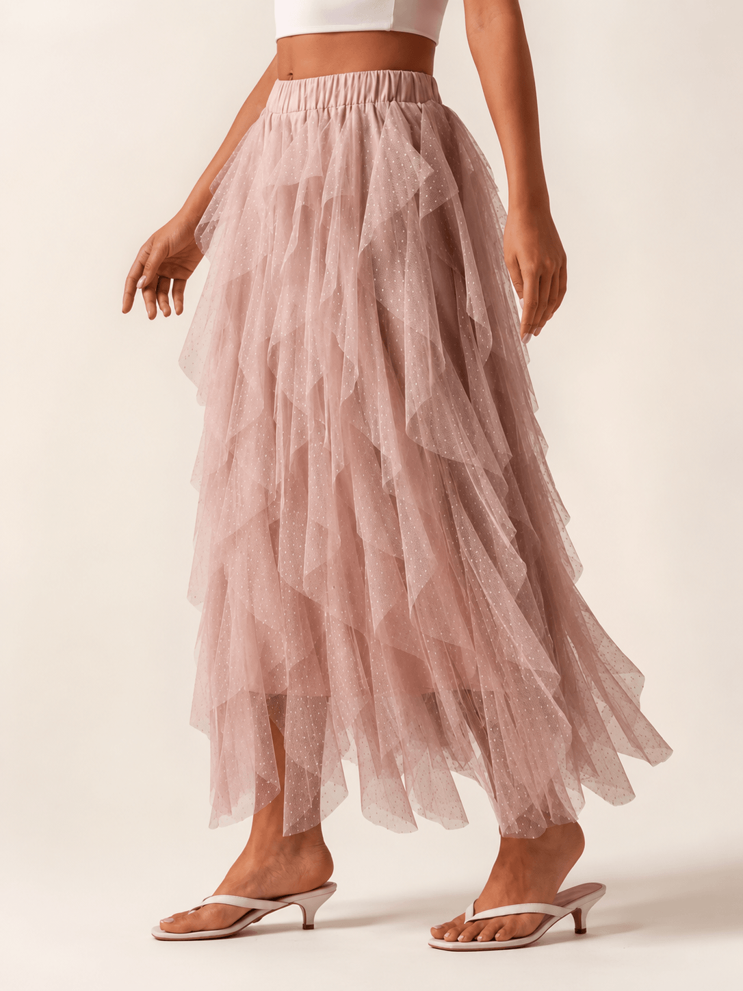 Women’s Asymmetric Tiered Mesh Maxi Skirt Elastic Waist Tulle Skirt