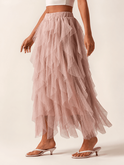 Women’s Asymmetric Tiered Mesh Maxi Skirt Elastic Waist Tulle Skirt