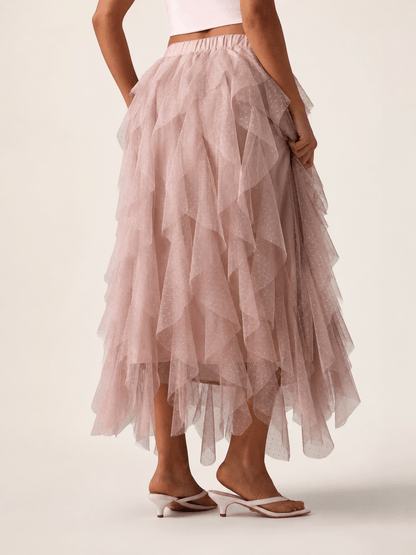 Women’s Asymmetric Tiered Mesh Maxi Skirt Elastic Waist Tulle Skirt
