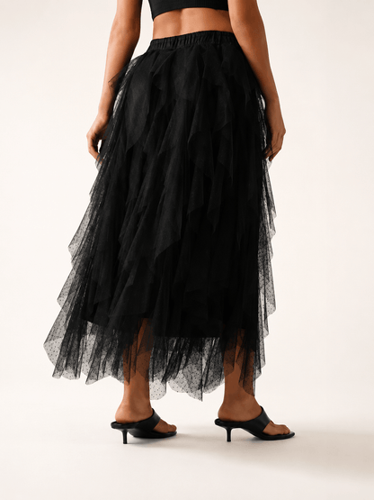 Women’s Asymmetric Tiered Mesh Maxi Skirt Elastic Waist Tulle Skirt