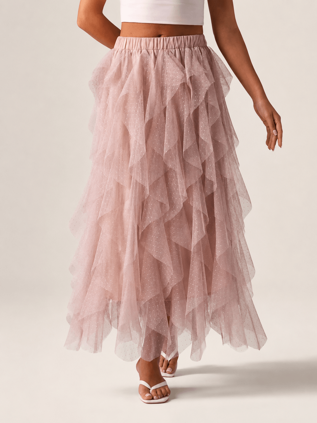 Women’s Asymmetric Tiered Mesh Maxi Skirt Elastic Waist Tulle Skirt