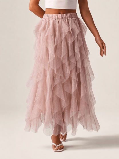 Women’s Asymmetric Tiered Mesh Maxi Skirt Elastic Waist Tulle Skirt