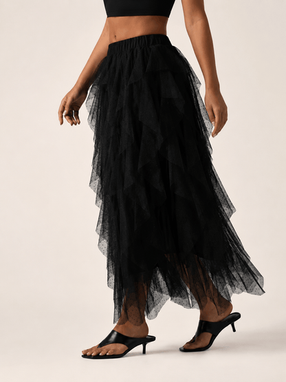 Women’s Asymmetric Tiered Mesh Maxi Skirt Elastic Waist Tulle Skirt