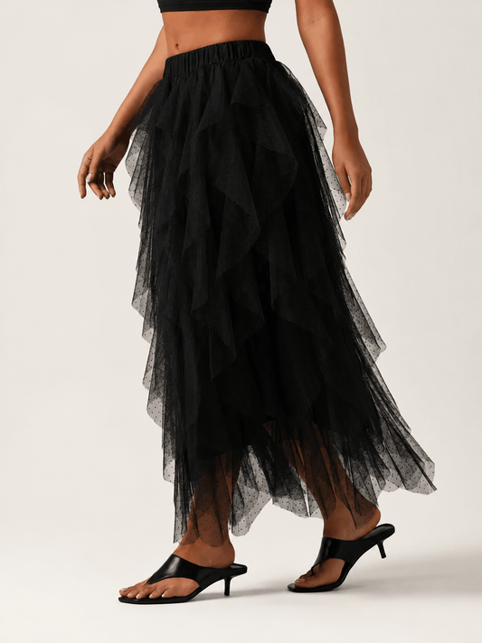 Women’s Asymmetric Tiered Mesh Maxi Skirt Elastic Waist Tulle Skirt