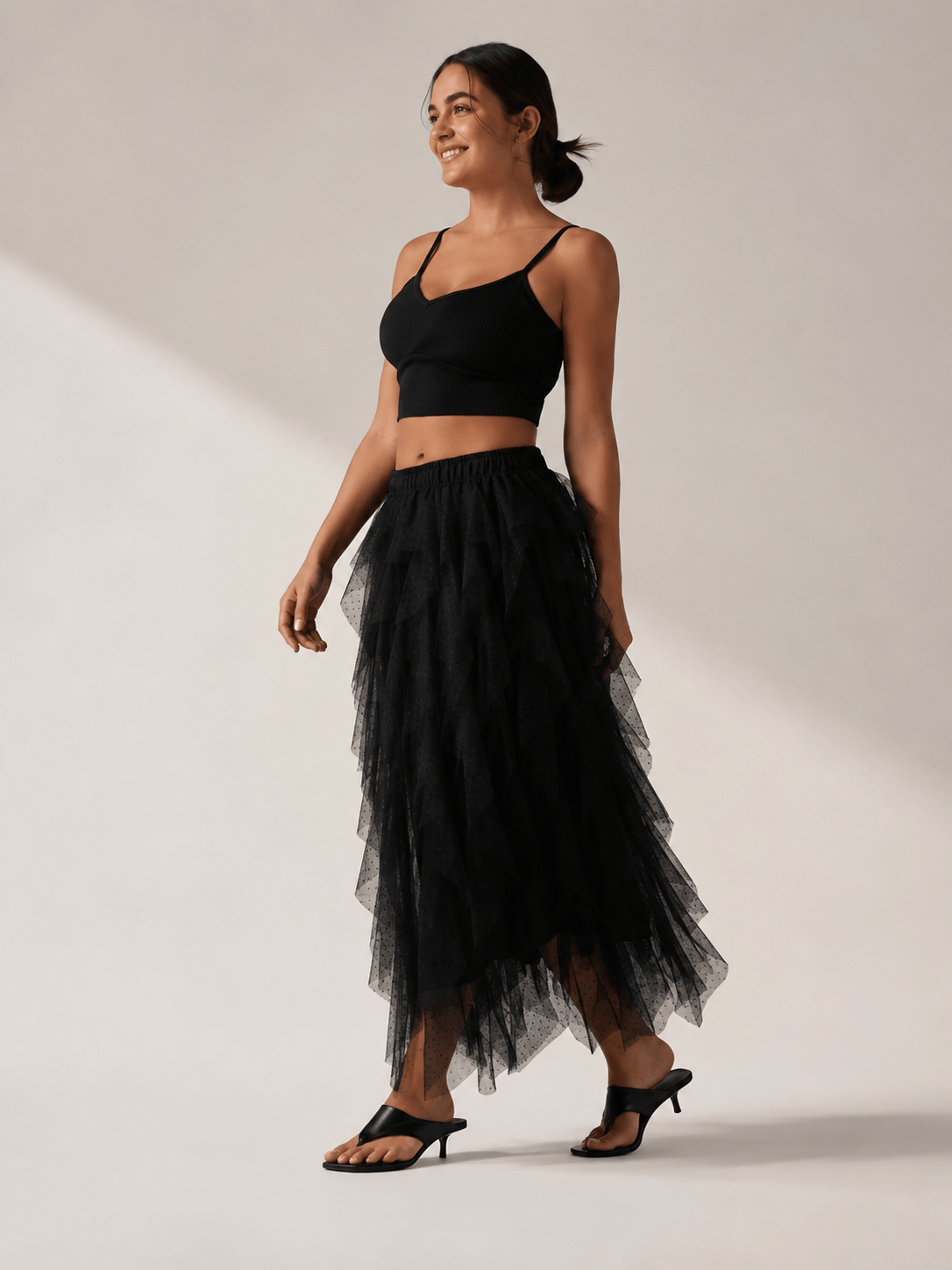Women’s Asymmetric Tiered Mesh Maxi Skirt Elastic Waist Tulle Skirt