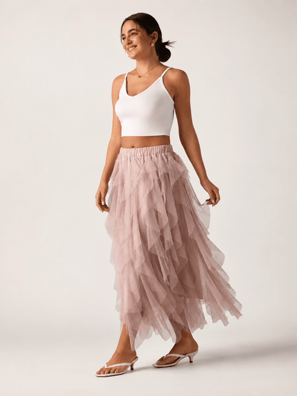 Women’s Asymmetric Tiered Mesh Maxi Skirt Elastic Waist Tulle Skirt