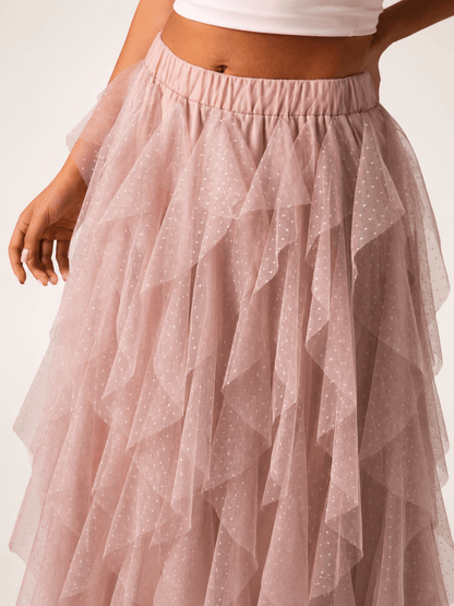 Women’s Asymmetric Tiered Mesh Maxi Skirt Elastic Waist Tulle Skirt