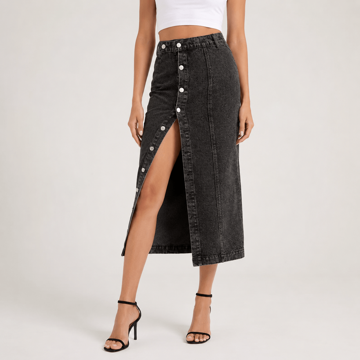 Women’s High Waisted Denim Maxi Skirt Button Front Split Skirt