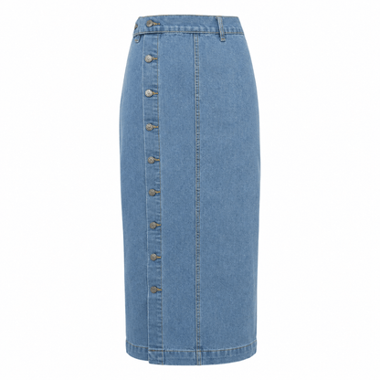 Women’s High Waisted Denim Maxi Skirt Button Front Split Skirt