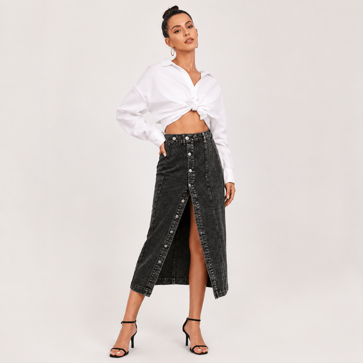 Women’s High Waisted Denim Maxi Skirt Button Front Split Skirt